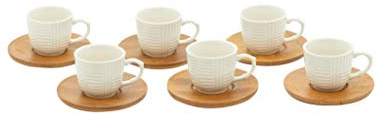 DIMO COMMERCIALE Servizio Set 6 Caffe Tazzina in Ceramica con Piattino, Bianco/Legno Naturale, Unica