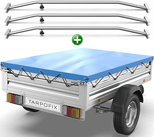 Tarpofix® Anhängerplane 2575x1345 mm + 3X Planenbügel | Anhänger Plane Flachplane aus PVC PLANENMATERIAL | Verstärkte Stema Anhänger Plane für 1300kg PKW Hänger | Abdeckplane + Flachplanenbügel