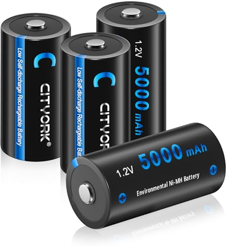 CITYORK 4 pilas recargables C de 5000 mAh NiMH de gran capacidad y caja de almacenamiento para linternas LED, juguetes para niños y más
