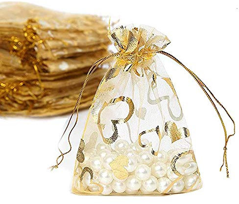 MaoNativey 50 pezzi Sacchetti per gioielli in organza, sacchetti in organza con stampa a cuore in oro, sacchetti regalo con coulisse 9x12 cm, perfetti per matrimoni, Natale, compleanni, anniversari