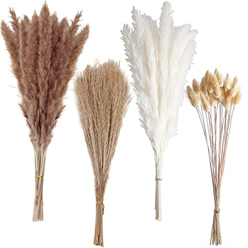 100 PCS Small Boho Pampas Grass, 17 Naturally Dried Pompas, Pampas Grass Decor for Wedding , Boho Party Decorations, Table Decor（Brown and White）