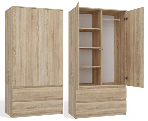 CDF Kleiderschrank 90cm Breit Kinderzimmer Schlafzimmer 2 Schubladen 2-türig Kleiderschrank Eiche Sonoma Zweitüriger Moderne Schrank Alles für Montage Inklusive Garderobenschrank Klamotten Spielzeuge
