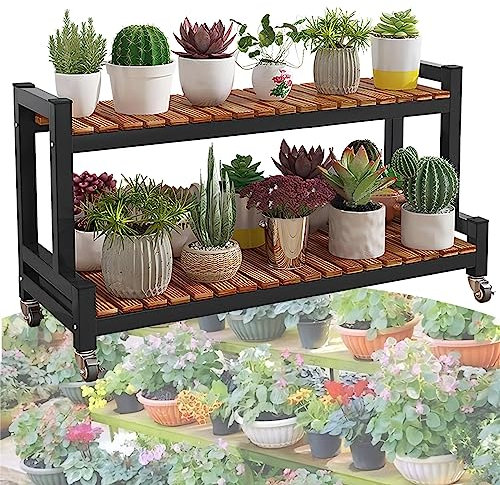 LIGUOYI Métal Étagère À Fleurs Support Porte Pots De Fleurs 2 Niveaux 3 Niveaux Banc À Fleurs À Échelle avec roulettes Étagère À Plantes, Fleurs Jardin Balcon Étagère De Rangement De Décorative