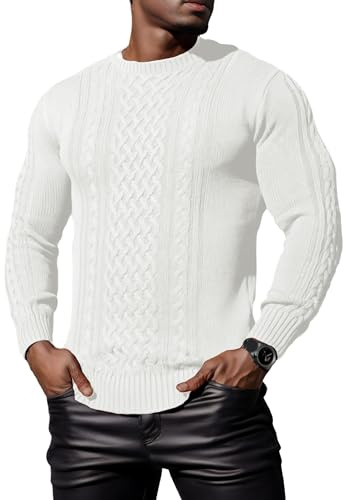 Hisir Pull Homme Hiver Cablé épais Col Rond Chaud Manches Longues Pullover Tricoté Col Rond Pulls Hommes (Blanc, M)