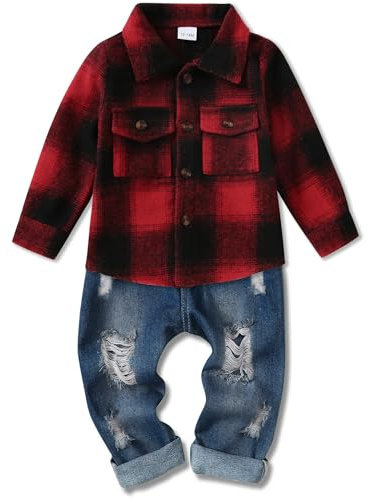 Lufebut Abbigliamento Bambini e Ragazzi Tuta Jeans Pantaloni con Lunga Camicia a Plaid Completo per Neonato Bambino Primavera Autunno-Inverno Rosso 12-18 mesi
