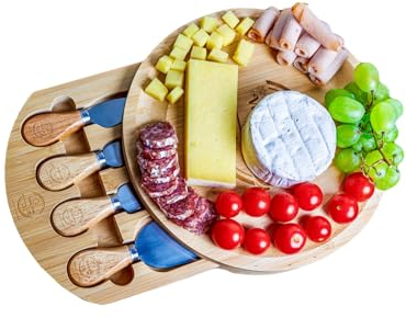 VersaCulina Plateau Fromages en Bois avec Couteaux à Fromage – Bambou – Excellente Idée Cadeau – Apéritif – Planche apéro –service- Parfait pour recevoir- fete de fin d'année
