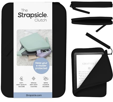 Strapsicle Silicone Clutch for Kindle & E-Readers - Multi-Purpose Bag for Phone, Wallet & Keys - Fits 6'' Kindles, Kobos, Nook, 6.8 Paperwhite, iPad Mini 6 - Anti-Dust Coating - Black