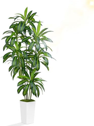 ZEEOZE Pianta Artificiale Dracaena da 210cm Piante Finte da Interno Con Fioriera Alta Bianca Piante Artificiali da Esterno Per Soggiorno Camera da Letto Ufficio Casa Corridoio Decorazione (1Pz)