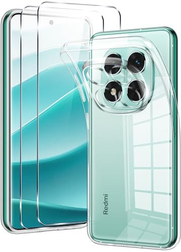 Coiwxmoi Fodral för Xiaomi Redmi Note 14 Pro 5G/Poco X7 5G med 2 stycken skärmskydd härdat glas, ultratunt mjukt TPU transparent silikonskal stötsäkert repskydd stötfångare skyddande fodral