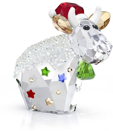 Swarovski Mo Fiestas Edición Anual 2025, Figura Mo la Vaca con 404 facetas, Crystal Rocks, Cascabel Verde, Gorro Rojo de Papá Noel y Las Orejas Van con el Efecto Golden Shadow, Multicolor
