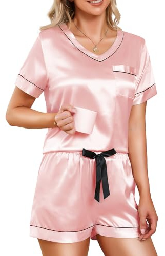 LUSLOVE Pyjama Femme Satin Été - Ensemble 2 Pièces Soie Douce Haut Col V Confortable Tenue de Nuit Légère Pyjama Mariée Élégant