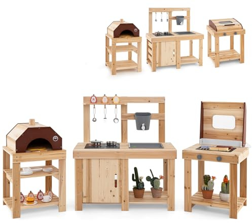 COSTWAY Lerkök för barn, utomhus, med BBQ-grill och pizzaugn, 3 i 1, diskbänk, spis och tillbehör, från 3 år
