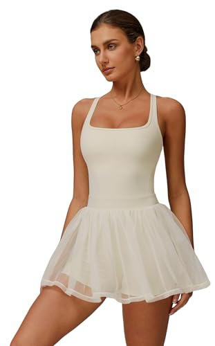 ABOCIW Womens Tennis Dress with Built in Shorts Racer Back Mesh Hem Athletic Dress Golf Outfits Yoga Active Workout Dresses Beige X-Large
