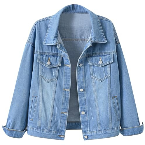 Tinarying Giacca di Jeans da Donna Basic Button Down a Maniche Lunghe Effetto Invecchiato con Tasche