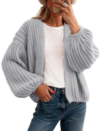 QIBABU Womens Chunky Knit Cardigan Sweater Casual Cropped Open Front Lantern Sleeve Knitwear Coat(2165-Grey-M-QB)