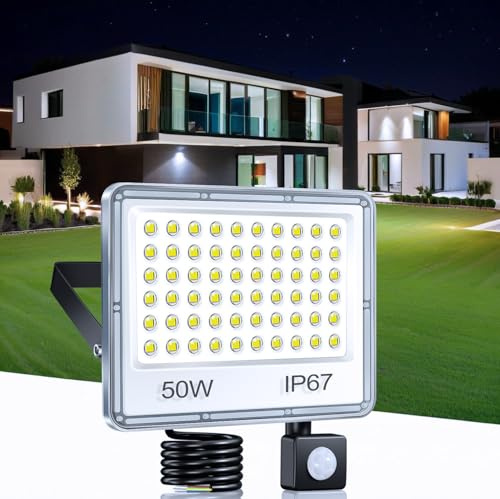 TASINUO 50W Security Lights Outdoor Motion Sensor,5000LM PIR LED Floodlight | IP67 Waterproof PIR Security Lights Outdoor, 6500K Cool White Flood Lights Outdoor Motion Sensor for Garden Garage Patio Yard