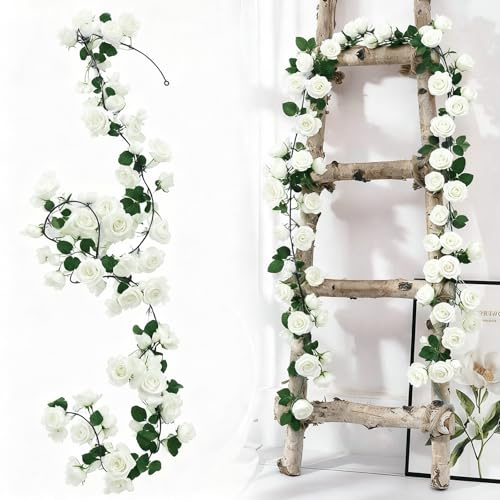 Qivra 2 Pezzi Ghirlanda di Fiori Artificiale Bianca, 1,8 Metri Rose Artificiali Realistiche, 138 Rose Ghirlanda Fiori Bianca per Decorazioni Matrimonio Tavolo Feste Giardino