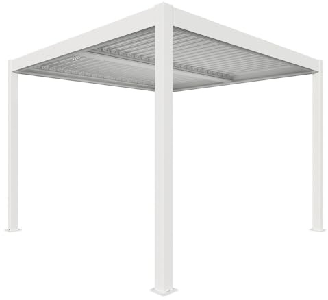 VERDELOOK | Pergola Bioclimatica Atena 100 Effetto Legno 3x3 H2,5 m con Lamelle Bianche, Pergola in Alluminio con Lamelle Orientabili con Arganello e Grondaia Integrata