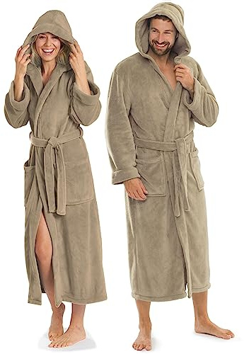 aqua-textil XS-XXXL Bademantel Kapuze Uni lang aufgesetzte Taschen Damen Herren Unisex Mikrofaser Kuschelfleece Morgenmantel, Sauna, Spa, Pool, Bad, flauschig und komfortabel - OEKO-TEX Malibu