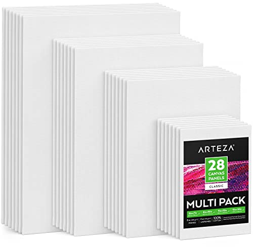 ARTEZA Leinwand | 28 Stück Großpackung 12,7 x 17,8cm 20,3 x 25,4cm 22,9 x 30,5cm 27,9 x 35,6cm | Weiß, Grundiert 100% Baumwolle | Ideal für Malerei, Acrylgießen, Ölfarben & Nasse Kunstmedien