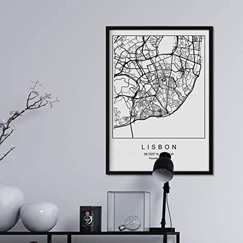Nacnic Lámina Mapa de la Ciudad Lisbon Estilo nordico en Blanco y Negro. Poster tamaño A3 Sin Marco Impreso Papel 250 gr. Cuadros, láminas y Posters para Salon y Dormitorio