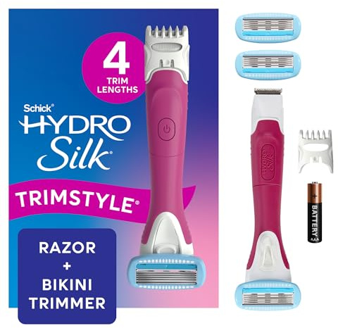 Schick Hydro Silk TrimStyle Razor with Bikini Trimmer for Women | 2-in-1 Bikini Razor for Women and Womens Trimmer for Pubic Hair, Includes 1 Waterproof Handle, 3 Refills & 1 AAA Battery