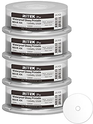 100 Pack Ritek Pro (Professional Grade) BD-R Blu-ray 4X 25GB Watershield Water Resistant Glossy White Inkjet Hub Printable Blank Recordable Disc