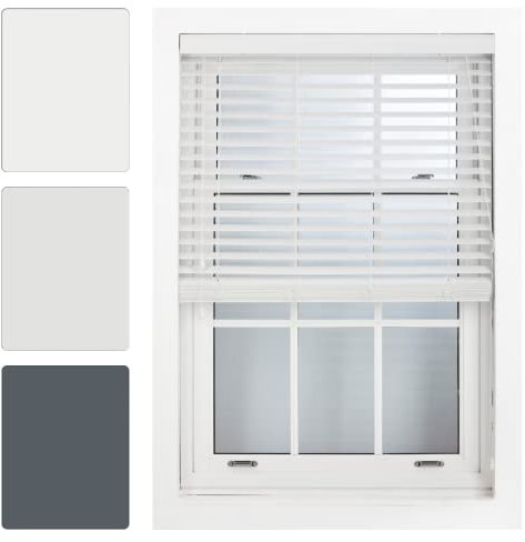 FURNISHED White Faux Wood Venetian Blinds 50mm Easy Fit Trimmable Child Safe Home Office Window Blinds, 95cm x 150cm