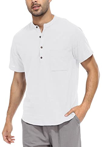 WAZZAP Camisa Henley de Lino y Algodón para Hombre Manga Corta Verano Casual Hippie Playa Camisa