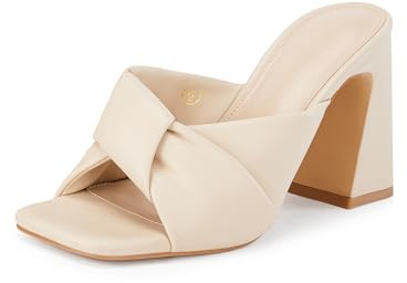 Coutgo Womens Chunky Heeled Mules Puffy Knot Square Open Toe Slip On Sandals Summer Evening Party Prom Shoes, Apricot, Size 7