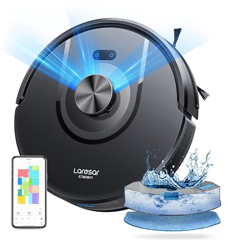 Laresar Clean Mars01 Robot Aspirateur 3 en 1, Navigation LiDAR, Aspirateur Robot 8000Pa d'Aspiration, 5 Cartes Editables, Convient aux Poils d'animaux, Tapis et Sols（Noir）