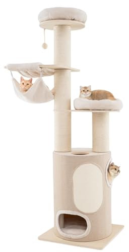 COSTWAY Cat Tree, 187cm Multi-Level Cats Tower with 2-Story Cat Condo, Sisal Scratching Posts & Mat, 2-Style Hammocks, Washable Cushions, Indoor Kitten Activity Furniture Play House