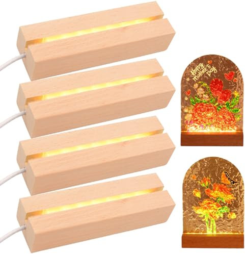 Base luminosa a LED in legno, presa luminosa USB per vetro acrilico, colore caldo, base in legno a LED, forma quadrata/rotonda, base per display a LED, per cristalli, vetro acrilico, resina