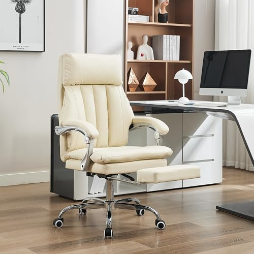 UEV Sedia da Ergonomico Morbida con Poggiapiedi, Sedia in Pelle PU Combina Comfort e Funzionalità, Poltrona Reclinabile con Cuscino Spesso, 63 x 61,5 x (115-124) cm, Beige