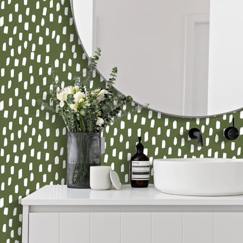 HAOKHOME Sage Green Peel and Stick Wallpaper Boho Modern Dots Wall Paper Removable for Bedroom Green/White Contact Paper 17.3in x 9.8ft