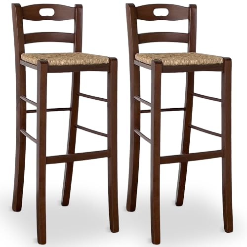 OKAFFAREFATTO MADDALONI Set 2 sgabelli alti da bar in legno noce scuro h 80 cm con presina nella fascia dello schienale e seduta in paglia