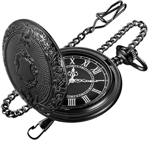 Tiong Vintage Shield Pocket Watch with Chain, Intricate Engraved Case & Roman Numeral Dial, Classic Retro Men's Quartz Pocket Watches