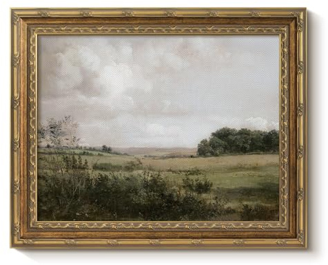 VIYYIEA 13x16 Inch Glass Gold Framed Wall Art, Vintage Meadow Landscape Oil Canvas Print, Impressionist Nature Poster Artwork, Home Decor for Living Room and Office