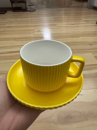 AYUCIA 8 Ounce Cappuccino Cups Set of 4, Latte Mugs with Saucers and Spoons, Yellow Ceramic Coffee Mugs Tea Cups for Cappuccino Latte Mocha Au Lait Macchiato Cafe