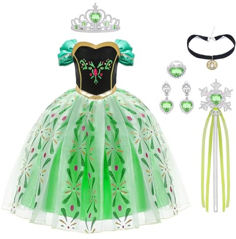 URAQT Princesse Costume, Princesse Robe avec Baguette et Couronne, Filles Princesse Costume Habillage, Déguisements pour Filles Fête d'Anniversaire Halloween Noël Cosplay,150CM