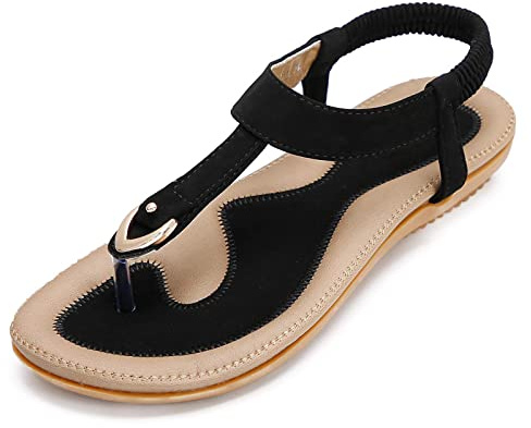 ZOEREA Sandalias Mujer Verano Planas Estilo Bohemia Zapatos de Dedo Casuales Playa Moda Sandalia Chanclas Romanas de Damas Estilo B Negro,37 EU