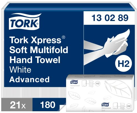 Tork Xpress Essuie-mains interfoliés doux - 130289 - Papiers d'essuyage pliés en Z qualité Advanced pour Distributeur H2 - Absorbant et indéchirable petit 2 plis blanc - 21 x 180 feuilles