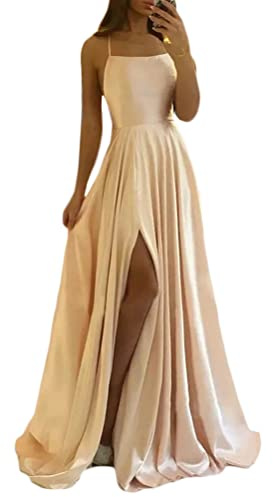 shownicer Vestido Formal Largo Mujer Imperio Vestido de Fiesta Abertura Cuello Halter sin Mangas Cintura Alta Color Sólido Vestido de Noche A Champán XS