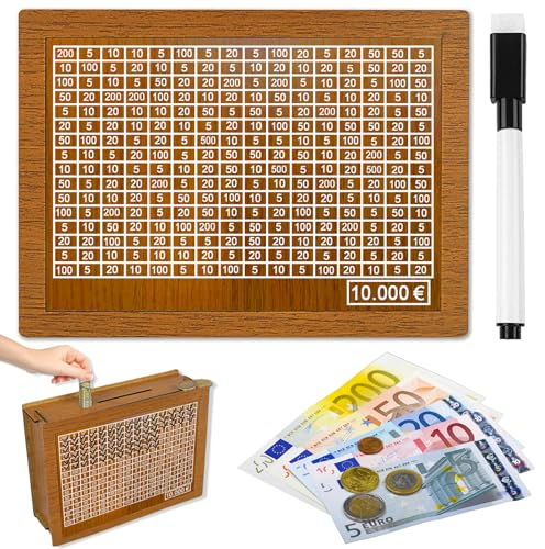 Retro Spardose aus Holz - Aufbewahrungsbox, Sparbüchse für Kinder Mit Sparziel, Wiederverwendbar Mit Marker und Zahlen zum Ankreuzen (10000€)