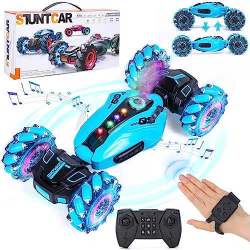 Highttoy Ferngesteuertes Auto Kinder, 4WD Handgesteuertes Twist Auto mit Sprühen, Musik und Lichter 2.4GHz 360° Drehung Stunt Drift RC Auto Spielzeug ab 6 7 8 9 10 Jahre Jungen Geschenke, Blau