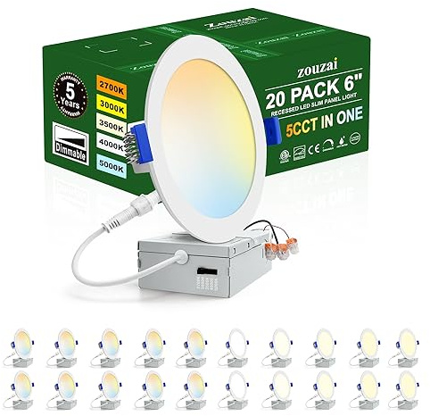 zouzai 20 Pack 6 Inch Ultra-Thin LED Recessed Ceiling Light with Junction Box 5CCT Adjustable Dimmable Can-Killer Downlight - ETL and Energy Star Certified
