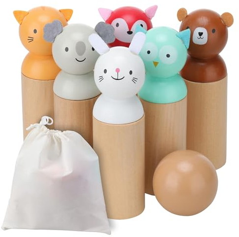 Navaris Bowling Set für Kinder - Kegelspiel für Kinder - Kegel aus Holz - Outdoor Spielzeug ab 2 Jahre - Holzkegel Kegelspiel - 6-Teilig