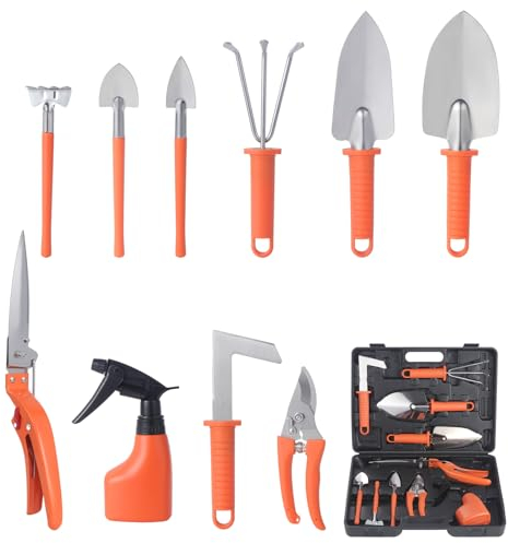 Moendergo 10-teiliges Gartengeräte Set, Garten Werkzeuge Set mit Aufbewahrungsbox mit Kelle, Umpflanzmaschine,Harke, Gartenschere, Schaufeln und Wassersprühflasche (Orange)