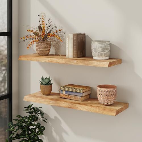 Floating Shelves for Wall, 36x9.3 Rustic Solid Live-Edge Elm Wood Wall Shelves, Heavy-Duty Floating Shelves with Invisible Brackets, Set of 2 for Living Room, Bedroom, and Kitchen, Natural Finish