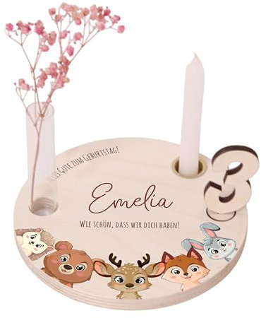 LAUBLUST Personalisierter Geburtstagsteller aus Holz mit Kerzenhalter, Vase & Zahlen - Geburtstagsdeko mit Namen - Waldtiere Motiv | Ø16.5 cm, Natur - Geburtstagstisch - 1. Geburtstag Kinder Geschenk